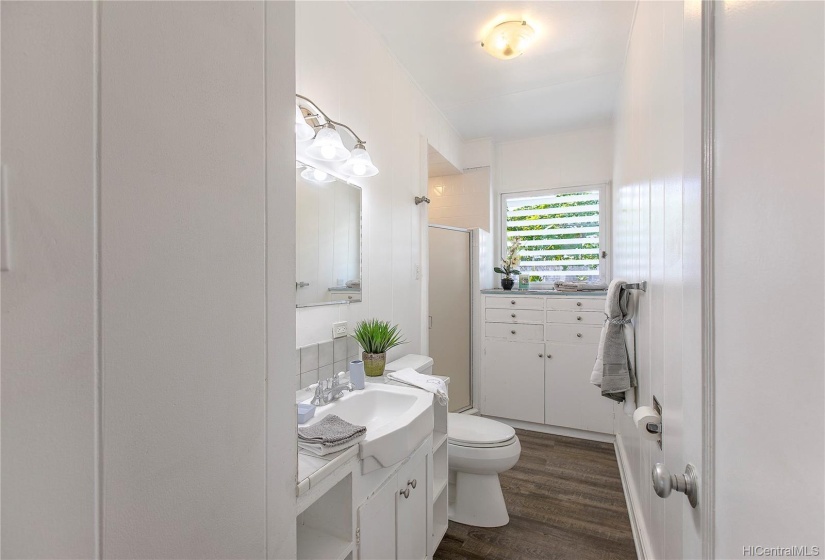 Main house- second full bath with built-in cabinets