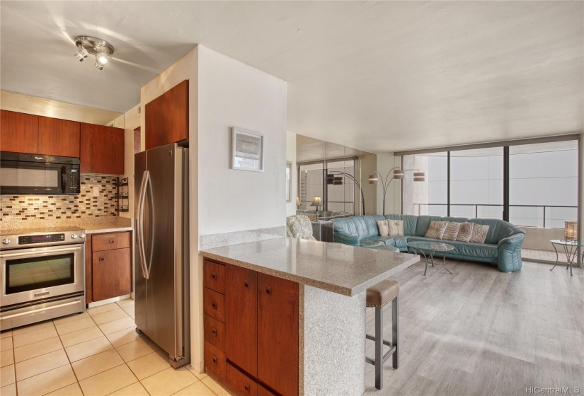 View of the living room and kitchen as you enter the unit