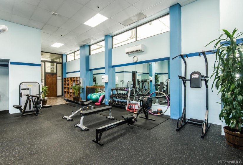 Fully equipped gym with machines and free weights.