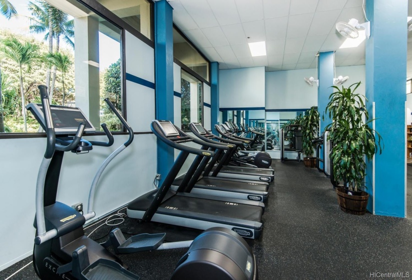 Fully equipped gym with machines and free weights.