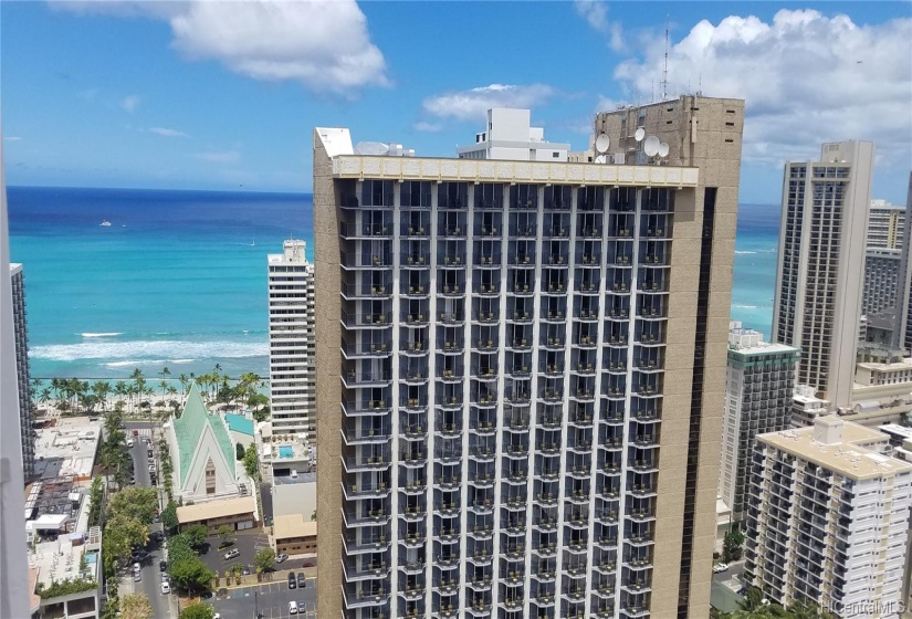 From the stairwell, next to the room, you can look out to see the ocean and the surf.