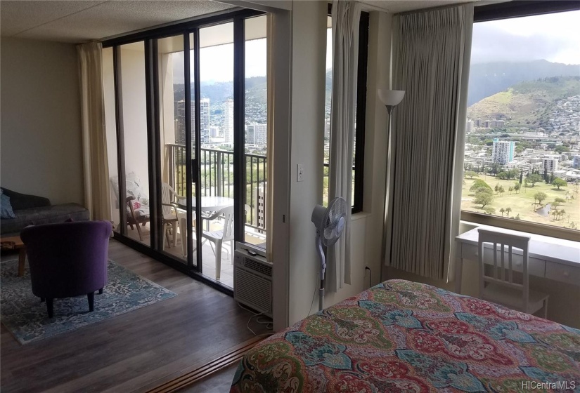 The bedroom also offers nice views and sliding doors for privacy.