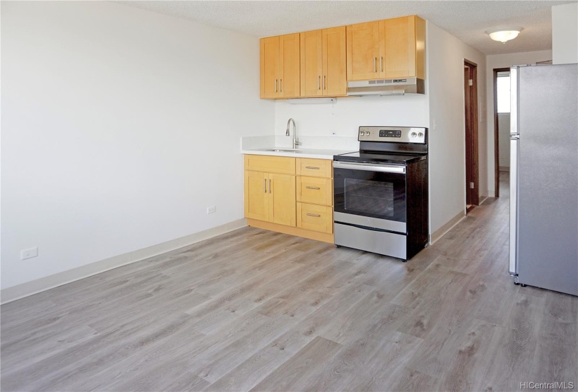 New kitchen with full sized range & SS refrig.