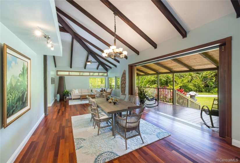 Amazing vaulted ceilings, hardwood floors and covered decks for lounging.