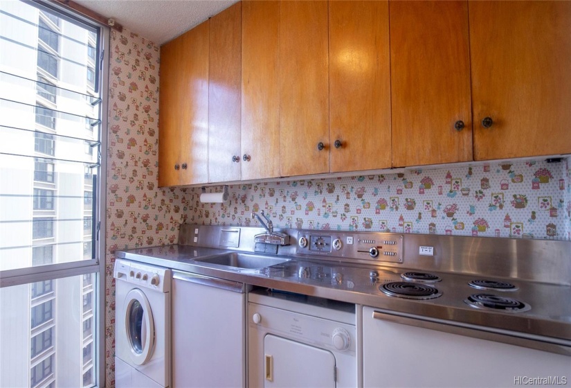 The Kitchen with the Appliances and cupboards.