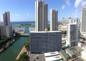 Atkinson Towers in the center. Yacht Harbor Towers in the back, Sunset Towers to the right. Ala Moana Hotel/Condo to the right.