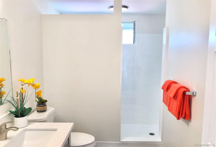 Hallway bathroom with shower & furo.