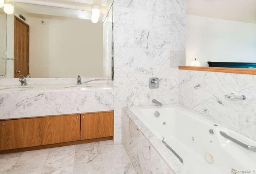 master bathroom with soaking tub and marble features