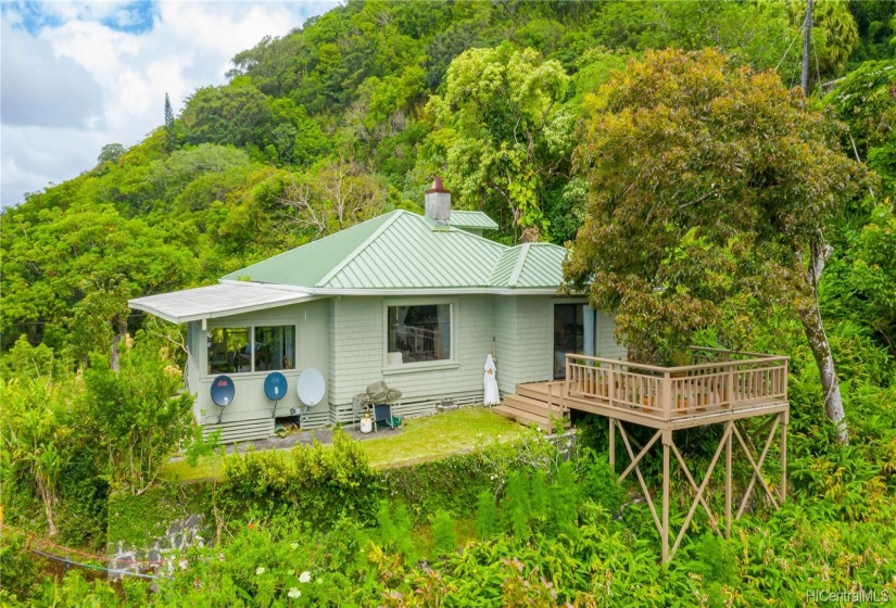 : Aerial of the back of the house, deck and avocado tree