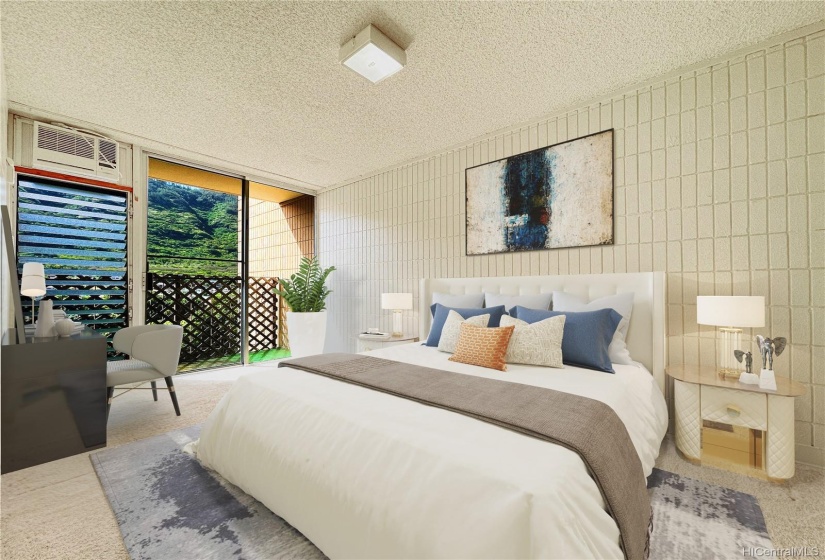 Primary bedroom with own window A/C and charming lanai with stunning mountain views.(Virtually staged)