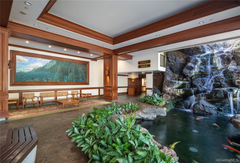 Beautiful waterfall/koi pond lobby feature.