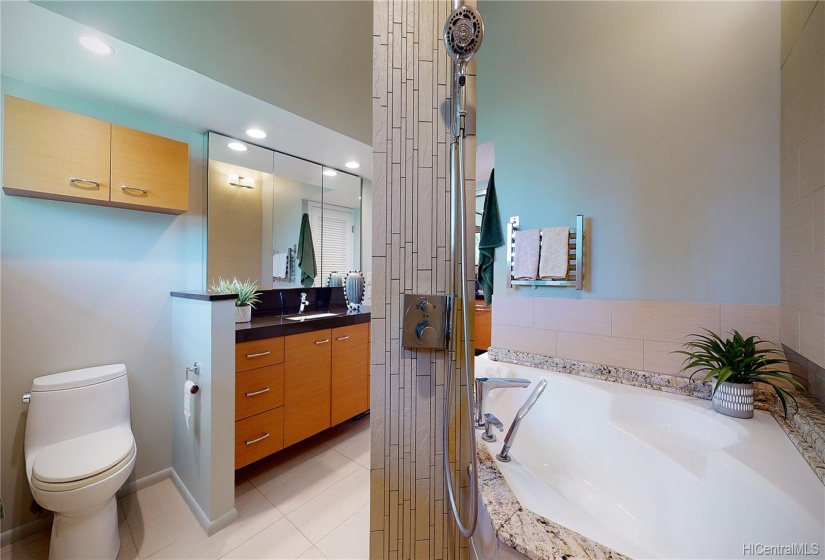 The tiled Master Bath features a soaking tub and showering area, two towel warmers (larger one is not shown) a linen closet and another large clothing closet (both not shown).