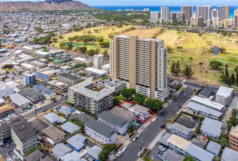 Aerial view of the property showing nearby Waikiki, Diamond Head, Ala Wai Golf Course and much more.