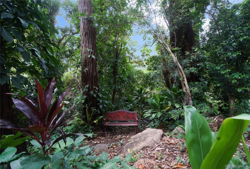 Tranquil garden sitting spot on Lot D