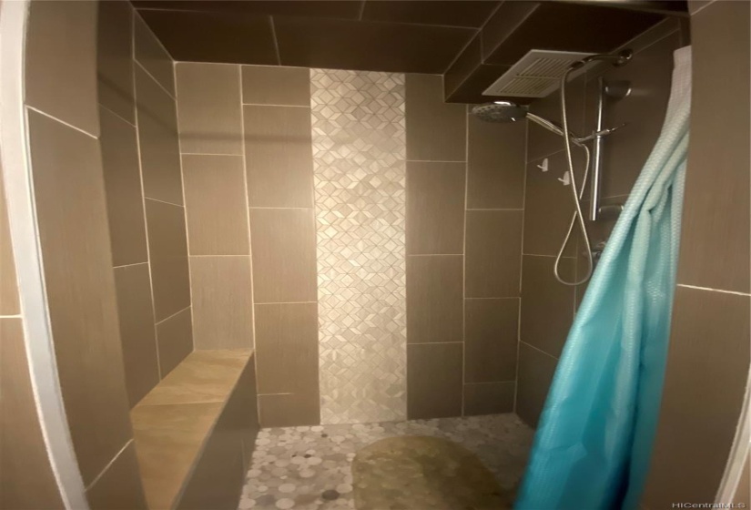 Shower with raised ceiling, bench and built in shelves behind the shower curtain