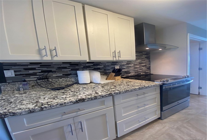 Additional cabinets, countertop, electric range and oven and overhead hood