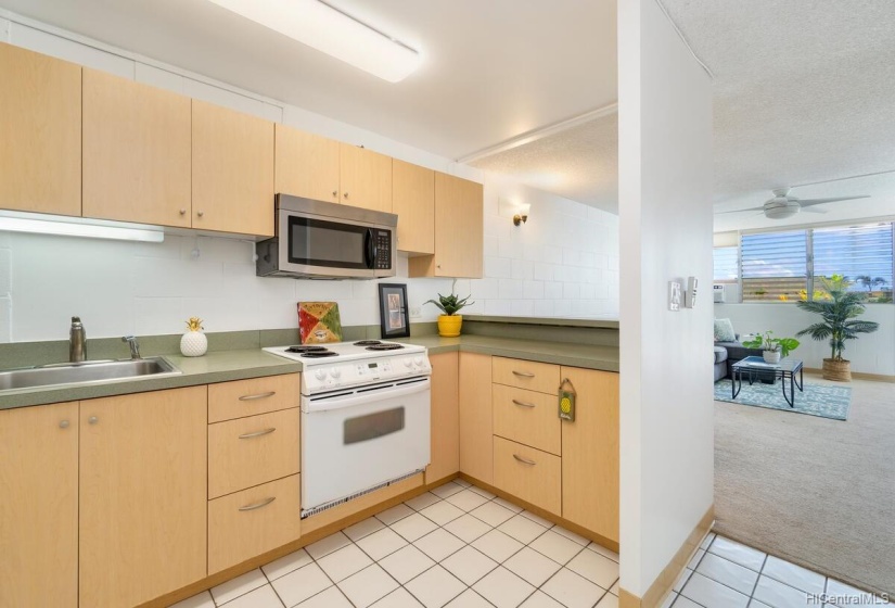 The kitchen flows into the living area.