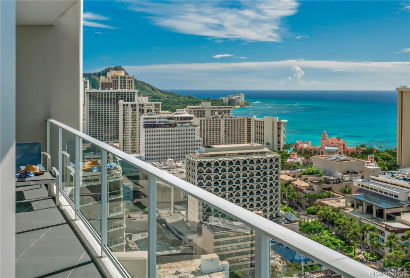 Gorgeous views of Diamond Head from lanai right outside the living room and Guest Bedroom, rare find at Ritz-Carlton!