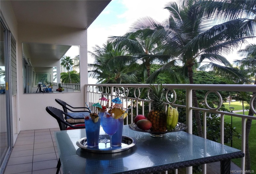 Palm frond latticed beach, ocean and lush tropical park view