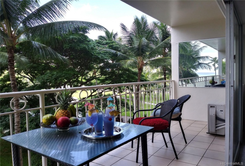 Palm frond latticed beach, ocean and lush tropical park view