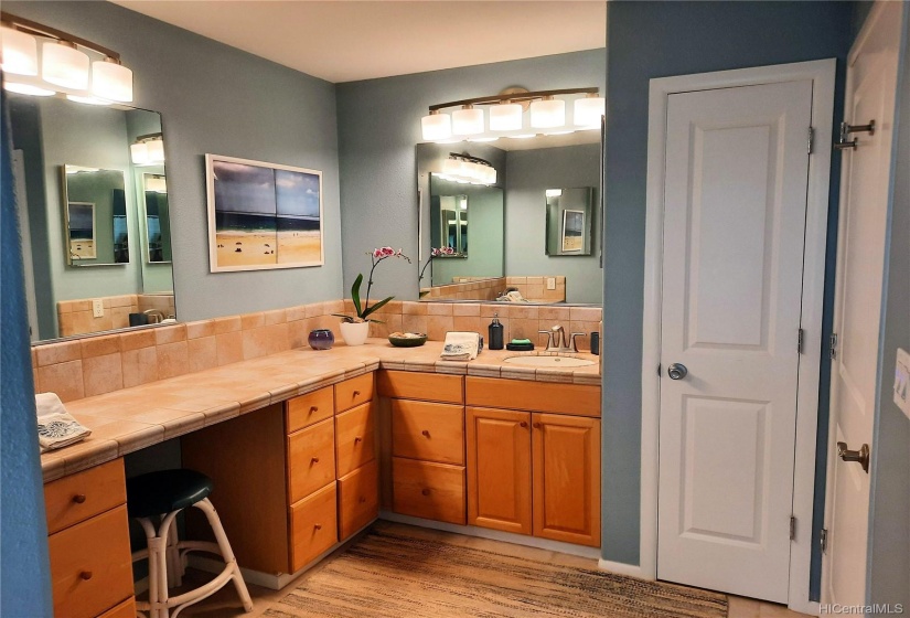 The master bathroom boasts a large vanity w/double sinks, separate room w/toilet & bidet, tub/shower