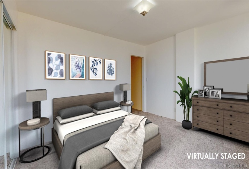 Virtually Staged - Looking back towards the bedroom entrance from the window. The bathroom is conveniently right across the hall. Guests do not have to go through the bedroom to access the bathroom!