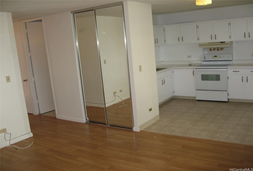 Kitchen to the right, hallway and bedrooms and bath room and entry to the left