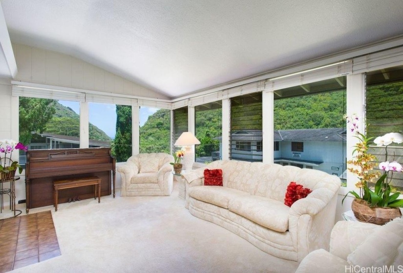 The bright and airy living room in the main house.