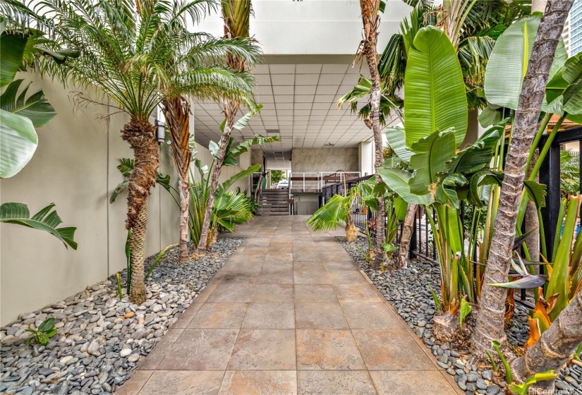 Landscaped poolside walkway from Ala Wai Blvd to the keyed elevator lobby.