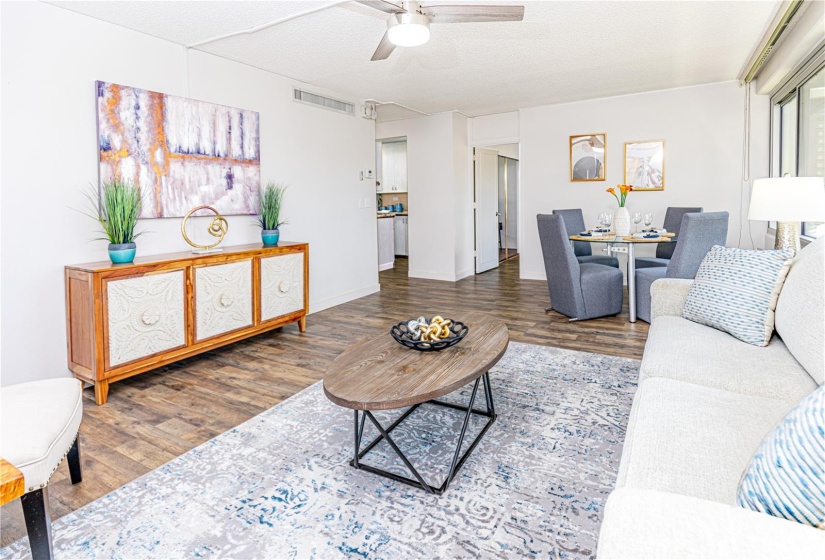 Large living room has space for a dining area near the kitchen.