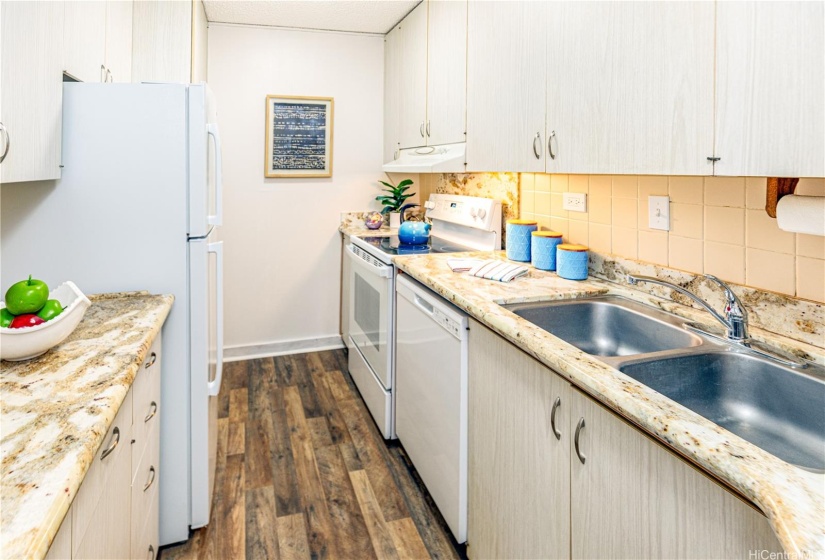 Galley kitchen with new stove, dishwasher and fridge. There is a full size washer and dryer in the unit.