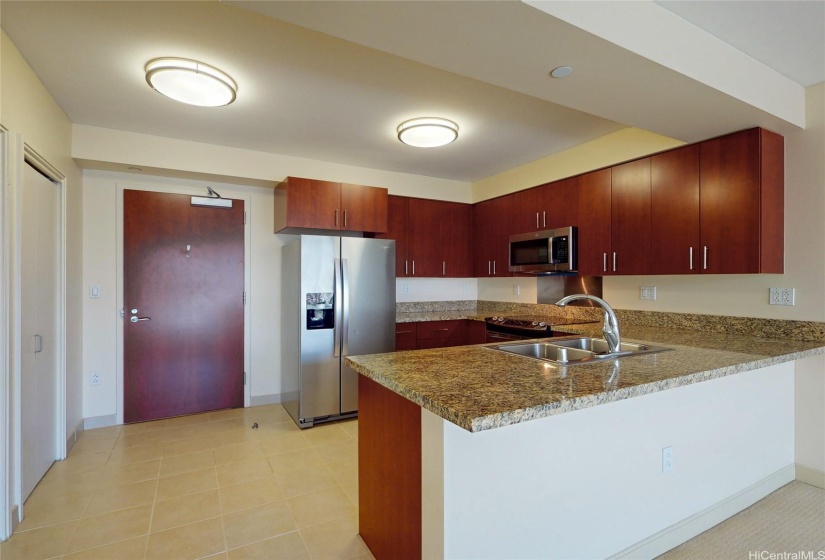 View from the living room into the kitchen.