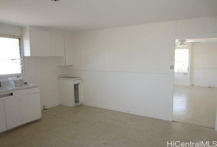 A view of the kitchen looking back towards the living room.