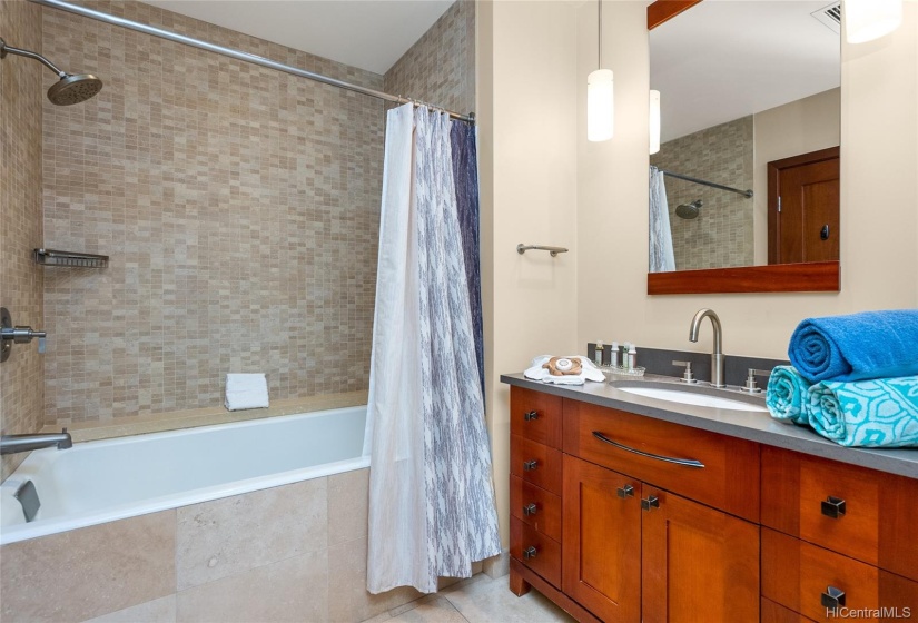 En Suite bath from second master showing the deep soaking tub.