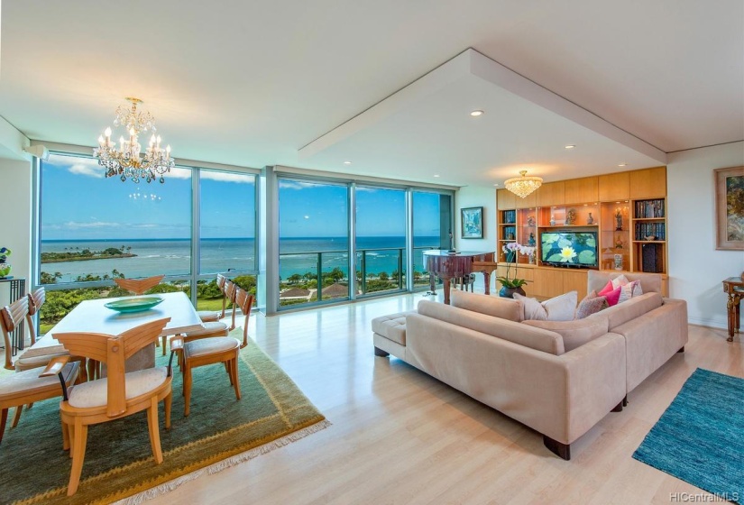 Actual living room space - large, expansive views, and built in entertainment shelving.