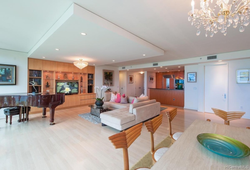 Actual living room, looking back toward the kitchen and entry.