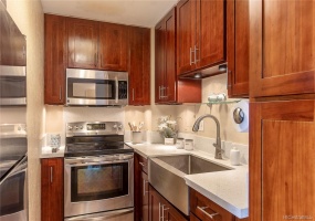 Renovated kitchen w/ quartz speckled countertops, deep sink, stainless steel appliances and custom cabinets.