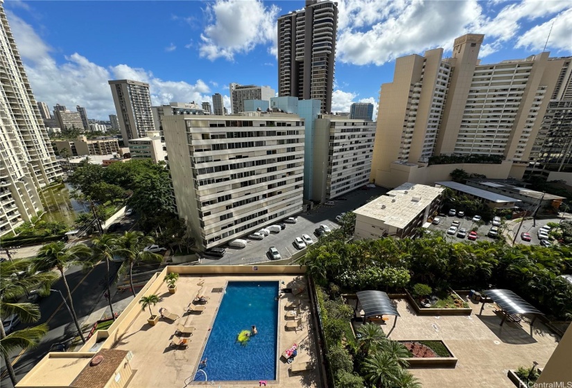 View from lanai of recreation deck and swimming pool