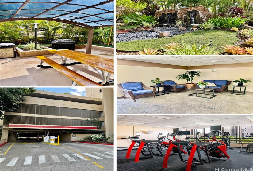 Amenities: top left rec deck BBQ, lounge, fitness center, gated parking garage