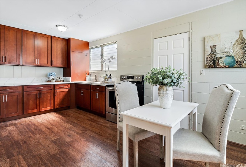 Downstairs dining area and kitchen.