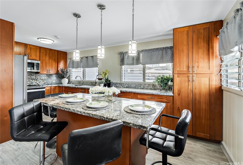 Upstairs kitchen and island.