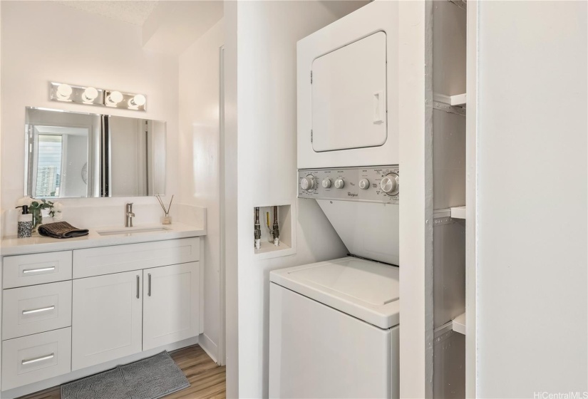 New bathroom cabinets and countertops! In-unit stackable washer/dryer, with Linen Closet.