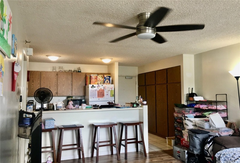 Broader View from the Living Room of the Entry, Kitchen/Counter, and useful Built in Cabinets.