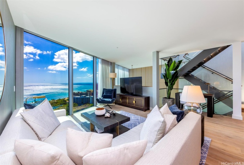 Second level living room with Pacific Ocean and Green Park vistas.