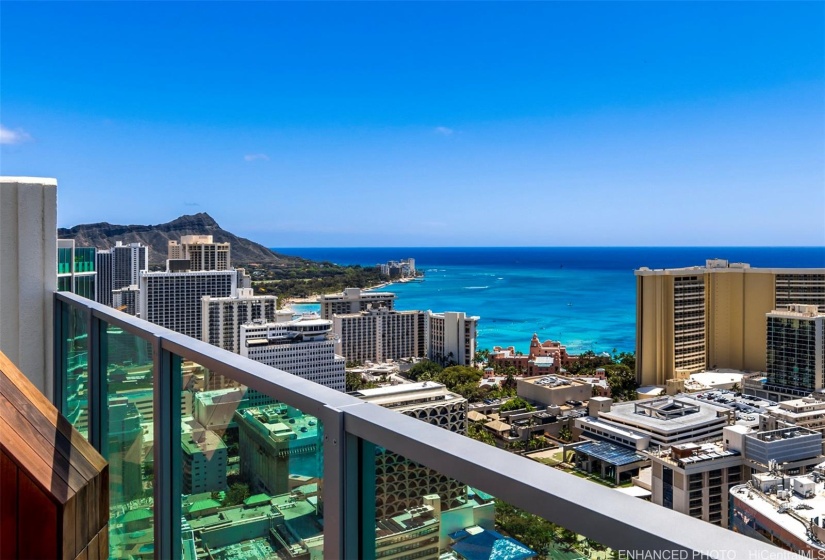 Enhanced. Zoomed-in photo.  Diamond Head, Royal Hawaiian, and Waikiki seen from the rooftop.