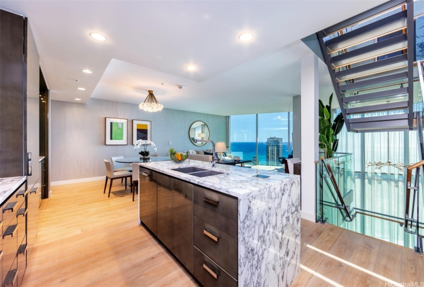 Second level Gourmet kitchen with Pacific Ocean views.