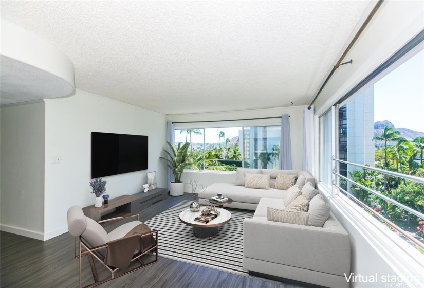 Open living room with gorgeous views, fresh paint and new vinyl plank flooring