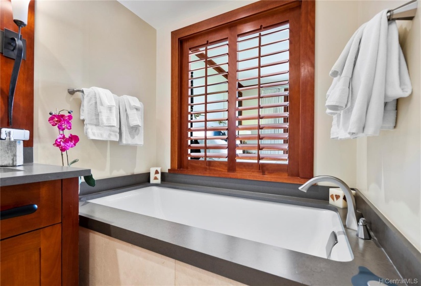 Master bathroom features dual sinks, deep soaking tub and separate shower.