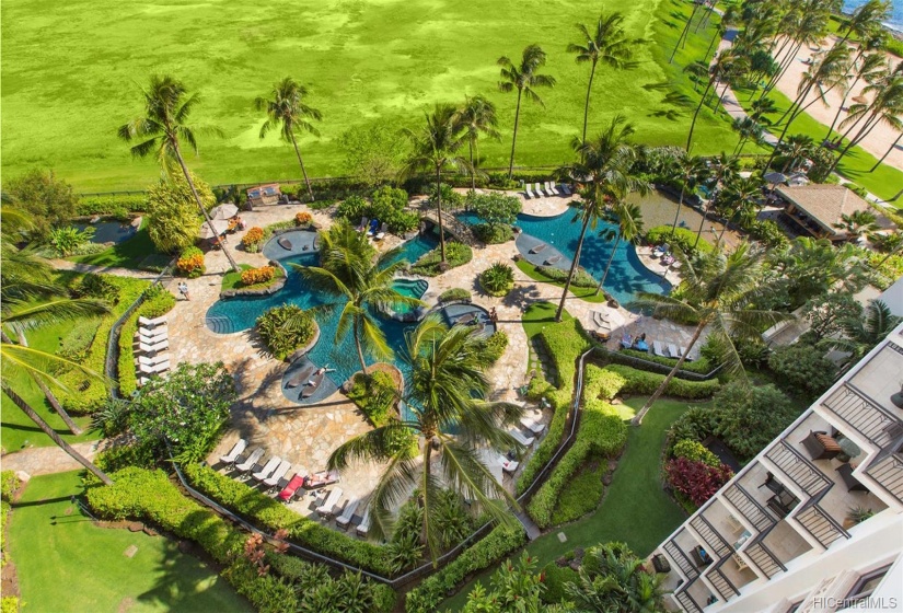 View of the Lagoon Pool (not from the unit) where the BBQ grills and beach bar are located.