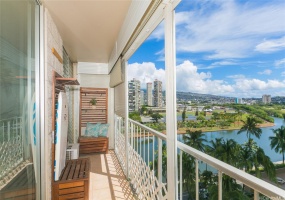 Spacious lanai looking toward the Ala Wai and mountains